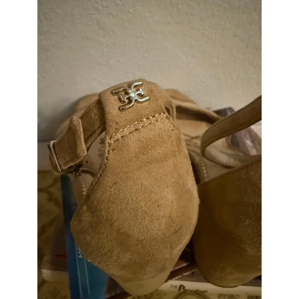 Sam Edelman Block Heel Sandals Tan Suede Ankle Strap Scalloped Dress Heel 7.5 - Picture 6 of 9